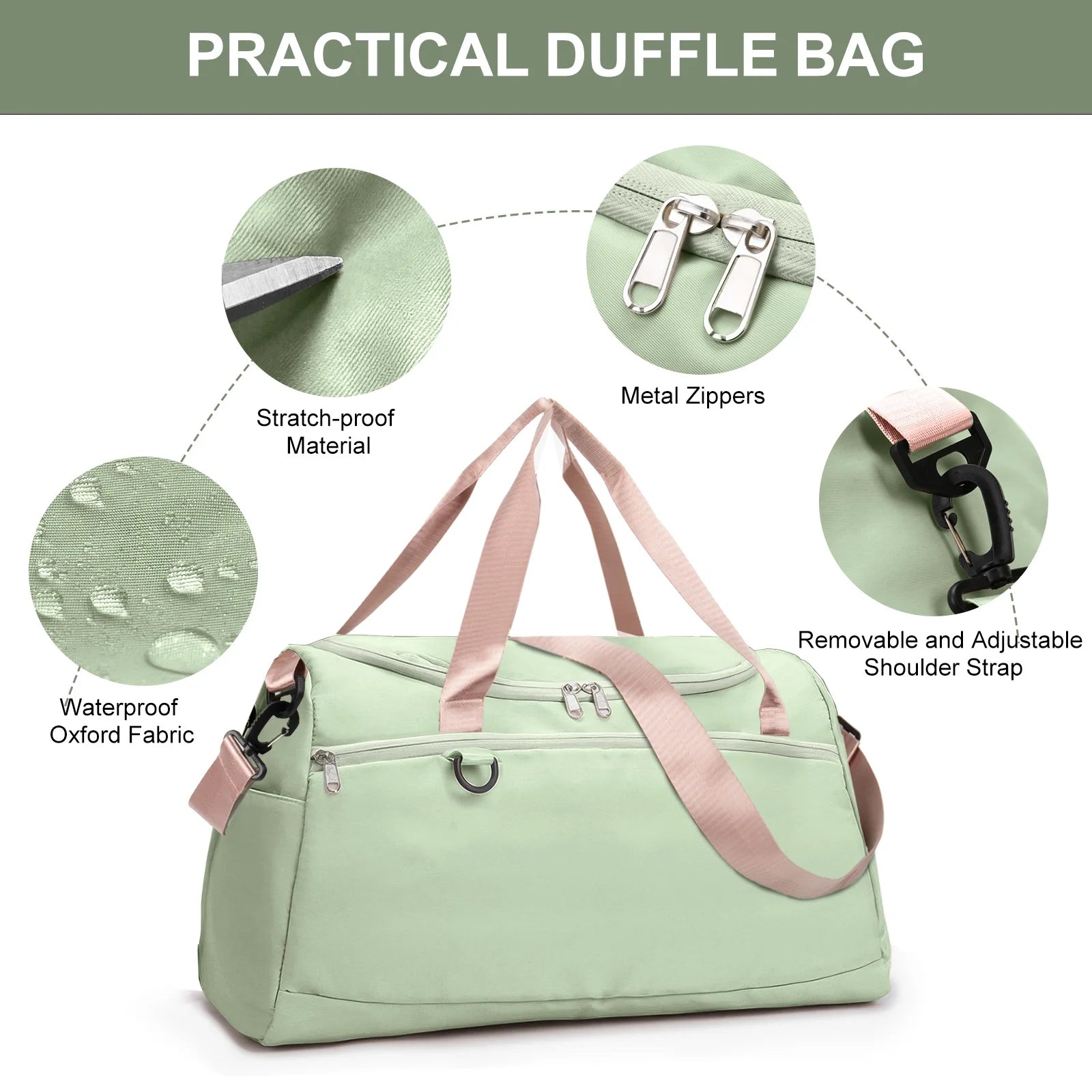 Travel Duffle Bag Gym Bags with Shoe Compartment Wet Pocket Waterproof for Weekender Overnight Gym Sports Traveling Swimming Yoga Workout, Green