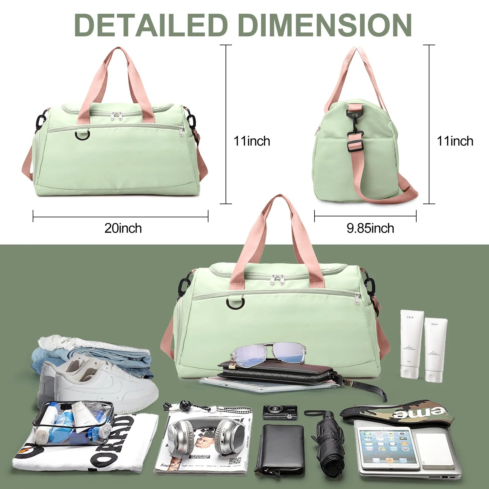 Travel Duffle Bag Gym Bags with Shoe Compartment Wet Pocket Waterproof for Weekender Overnight Gym Sports Traveling Swimming Yoga Workout, Green