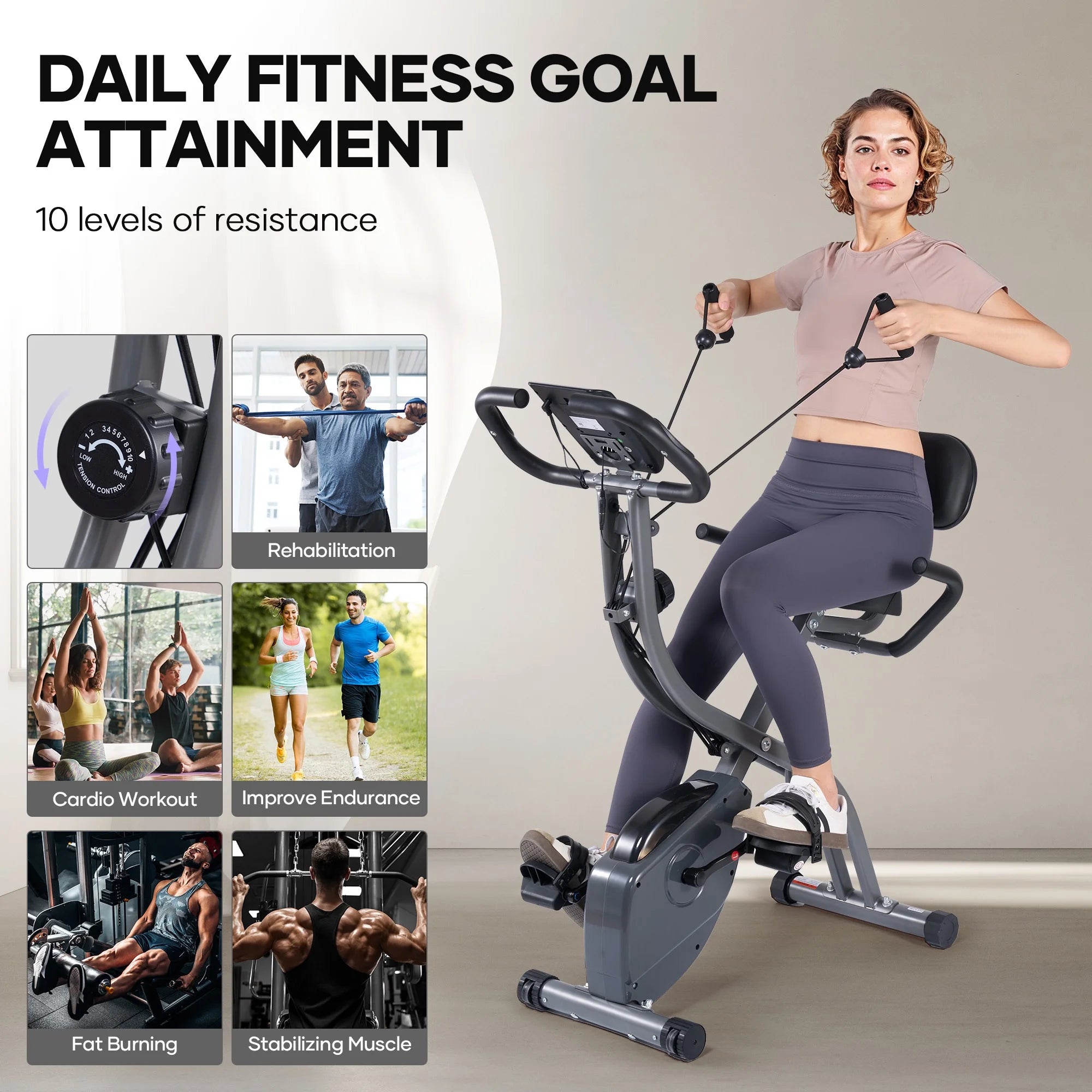 3In1 Folding Exercise Bike with 10 Levels of Adjustable Resistance Indoor Cycling Magnetic Upright Bike Stationary Exercise Bike Perfect for Home Use