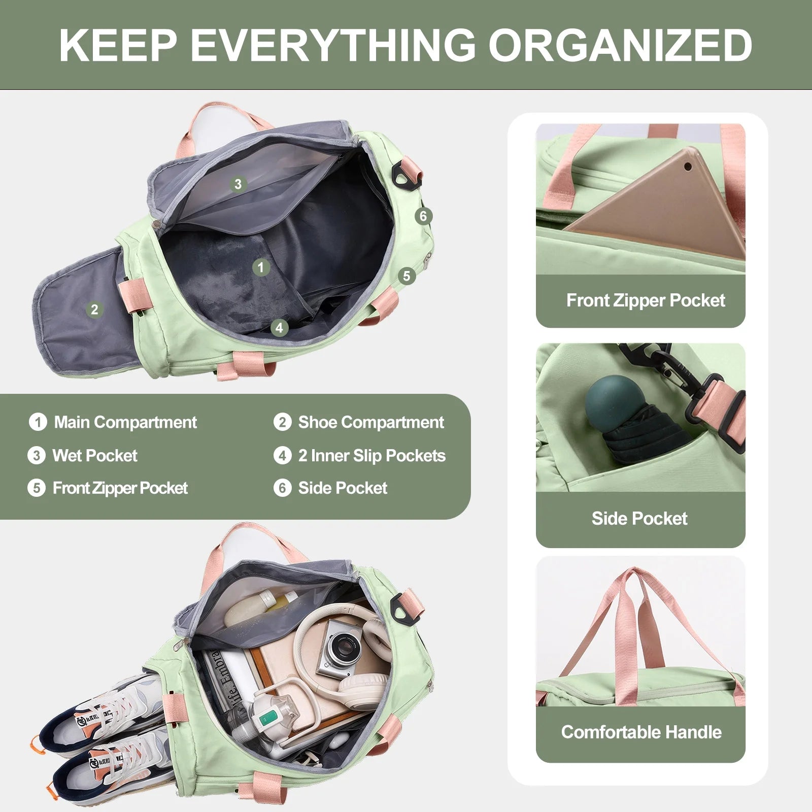 Travel Duffle Bag Gym Bags with Shoe Compartment Wet Pocket Waterproof for Weekender Overnight Gym Sports Traveling Swimming Yoga Workout, Green